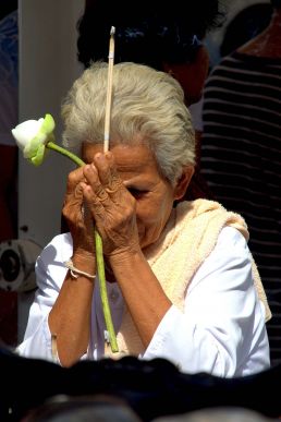 Lady praying with a flower in Thailand